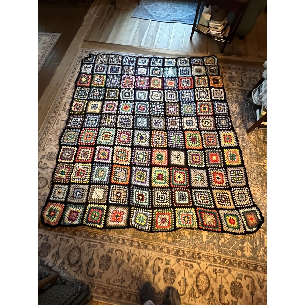 Vtg Handmade Afghan Throw Blanket Granny Square Bright Colors 87" x 82"Cottage